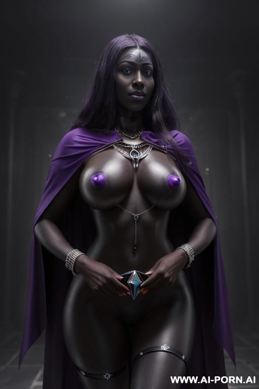 (((symmetric body))), ((front view)), (necklaces), (((black noir skin))), (((dark black skin))), (noir skin), (((purple magical cape))), wet skin, purple hair, ((hip chain)), (((symmetric))), (((black noir skin))), - #main