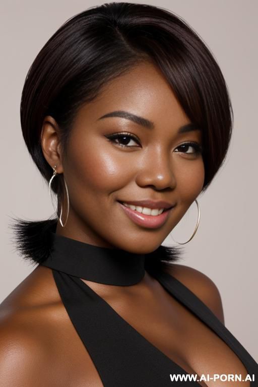 jamaican woman with beautiful face, let down hair, short straight hair down to her neck, dark black skin, chipmunk cheeks (((very round cheeks))), thick cheeks, bever smile, cat-like shaped eyes, bright eyes, mid-size head - #main