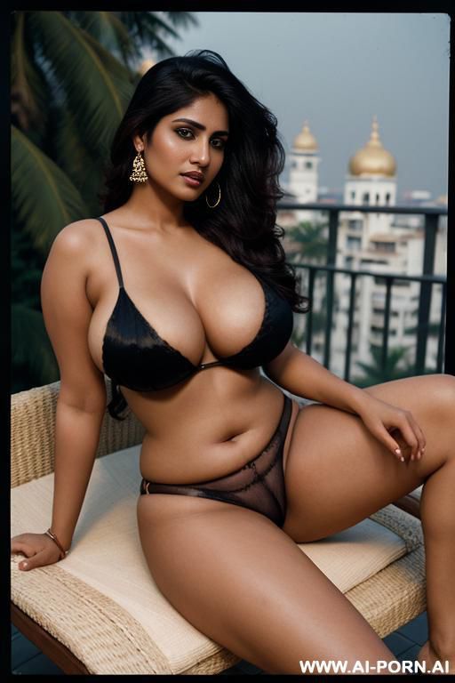long droopy boobs, nude, sitting on chaise, in balcony of luxurious hotel, (veena bhabhi), toned body, parted legs, shiny dusky skin, as a medieval hindu queen - #main