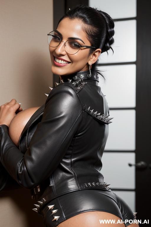 ((((nerdy arab rap milf hugging and kissing a muscular punk man on the lips)))) with ((((((gigantic tits)))))) and (((long hair))), (makeup) , (((tight spiked black leather jacket))) (((tight spiked - #main