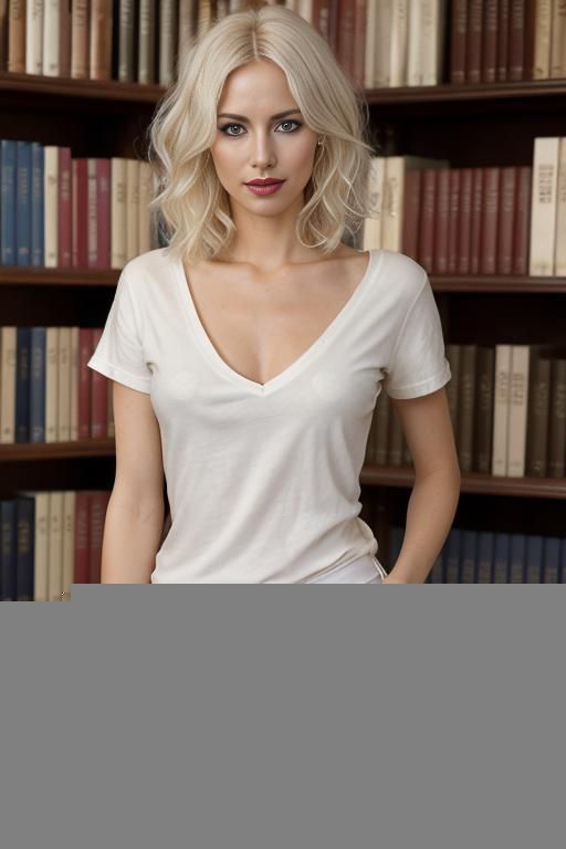 pretty, hungarian, 30, slight cheekbones, short messy wavy hair, platinum blonde hair, very white skin, slight smile, makeup, eye shw, standing, spreading legs, v-neck t-shirt, jeans, blurred background, victorian library background. - #main