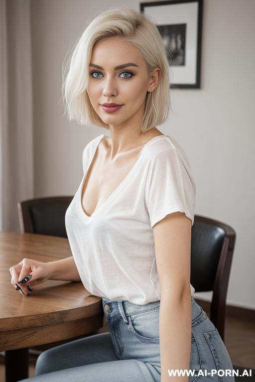 pretty, hungarian, 30, slight cheekbones, short messy hair, platinum blonde hair, very white skin, slight smile, makeup, eye shw, standing, spreading legs, white v-neck t-shirt, jeans, blurred background, old dining room background. - #main