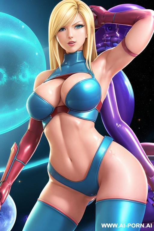 (samus aran), metroid, zero suite, fit body, (big boobs), space, blue, oily skin, neonlight, big round ass, - #main