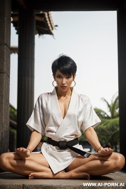 (((full body shot))), hoop earings, (stylish pixie haircut), (most beautiful women ever), (sexy milf), photorealistic image of an alluring sitting seductively on stone stairs, showing pussy, (legs - #main