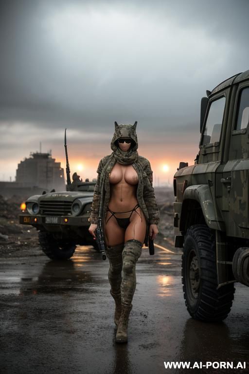 atomic bomb explosions landscape at nigth , apocalyptic city , cloudy sky fog battle city , horizont looking , walking sexy pose , oil body , camouflage thong , topless huge tits , - #main