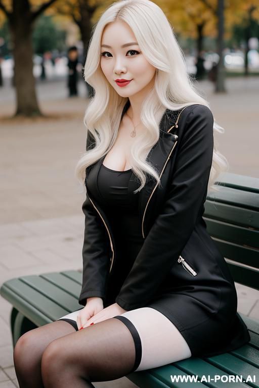 pretty, chinese, caucasian, 30, flowing wavy hair, white skin, natural boobs, slight smile, makeup, eye shw, sitting, crossed legs, long black jacket, dress, tights, high heels, blurred background, park bench background. - #main