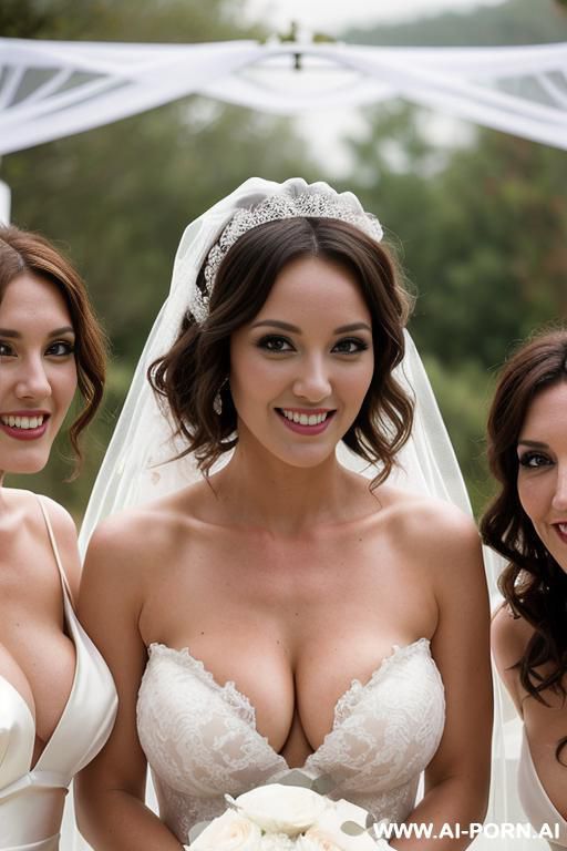three sexy topless brides stand behind, sexy happy face, short fluffy curly hair, wedding veil, very massive tits, direct eye contact with viewer, medium shot. - #main