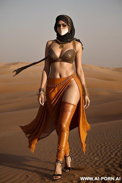 colourful create video indian women wearing sari with leather leggings and straps high heels, niqab walking at desert tod horizon sand storm fusion dress - #main