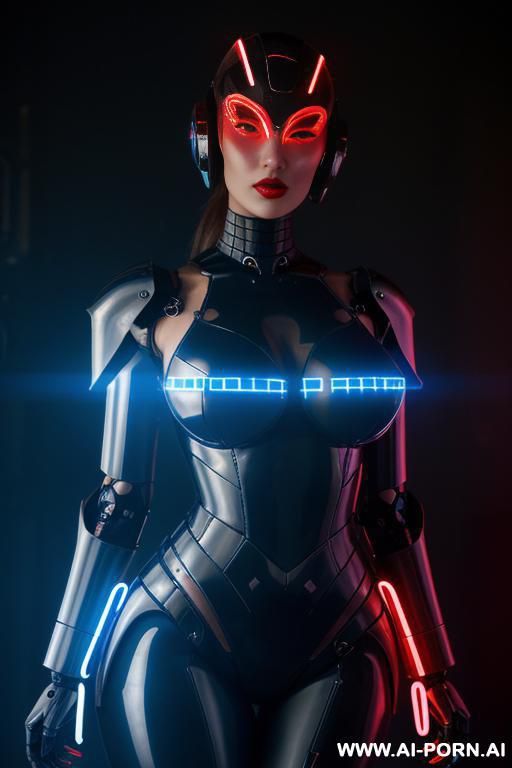 high heels. humanoid buxom robot women soldier with armour and weapons neon light dress police officer blue red - #main
