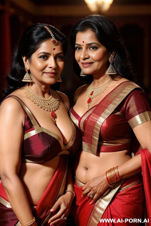 two ancient indian pudgy fifty years old black haired queens in dark red sarees - #main