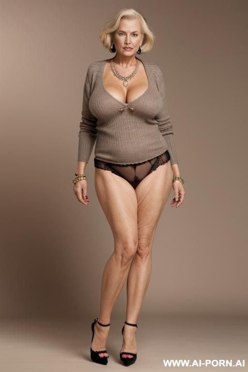 grandma, very old lady, lascivious look, open sweater, no panties, shaved pussy, huge massive saggy boobs, necklace, earrings, bracelets, high heels, normal body, short blond hair, standing, total view, full body view - #main