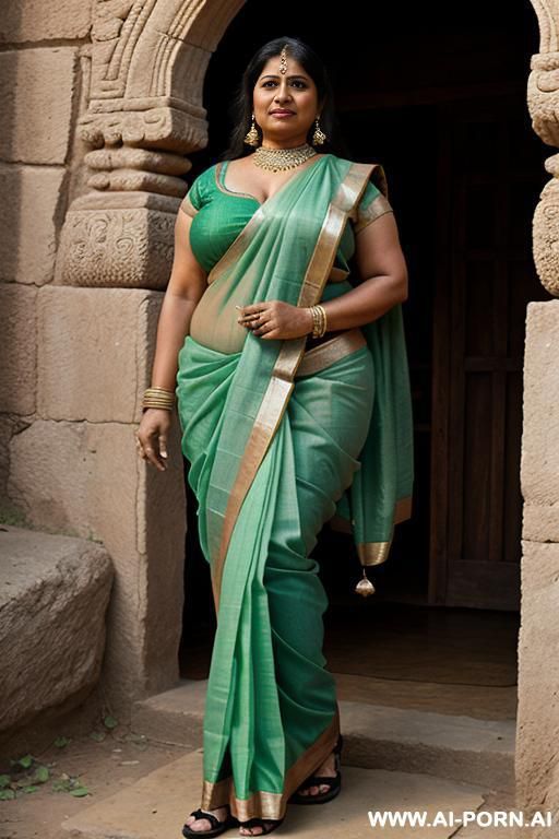 ancient indian chubby fifty years old priestess in a green sari - #main