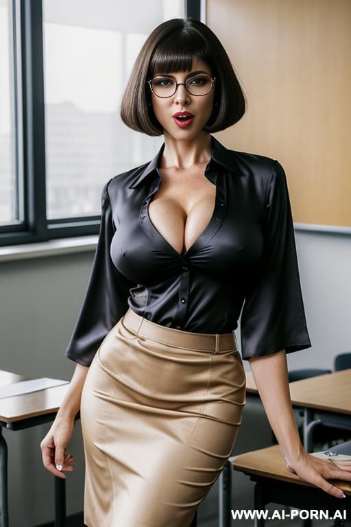 *pointing to the ground, bob hairstyle, pencil skirt, satin blouse showing some cleavage, glasses. push up bra. index finger pointing down, evil face. sadistic woman. tongue out. - #main