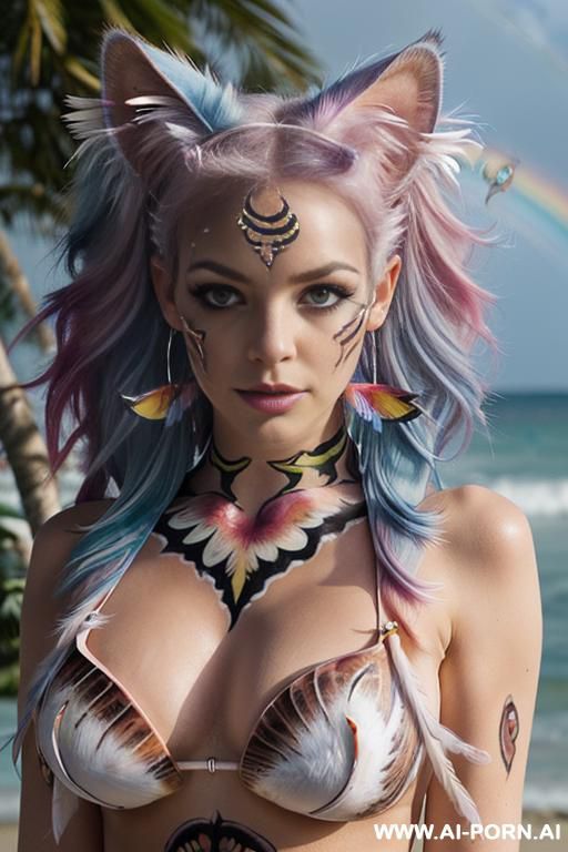 face, sexy, beautiful, ((face painting)), ((body painting)), ((bikini as seashell)), ((roses)), ((eyes shw)), ((angel wings)), ((rainbow hair)), ((glitter)), ((long bu hair)), ((heterochromia eyes)), ((wind)), - #main