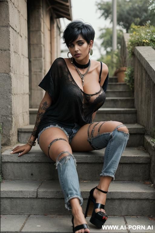(((full body shot))), hoop earrings, (stylish pixie haircut), (most beautiful women ever), (sexy gigantic saggy boobs milf), photorealistic image of an alluring sitting seductively horny on stone - #main