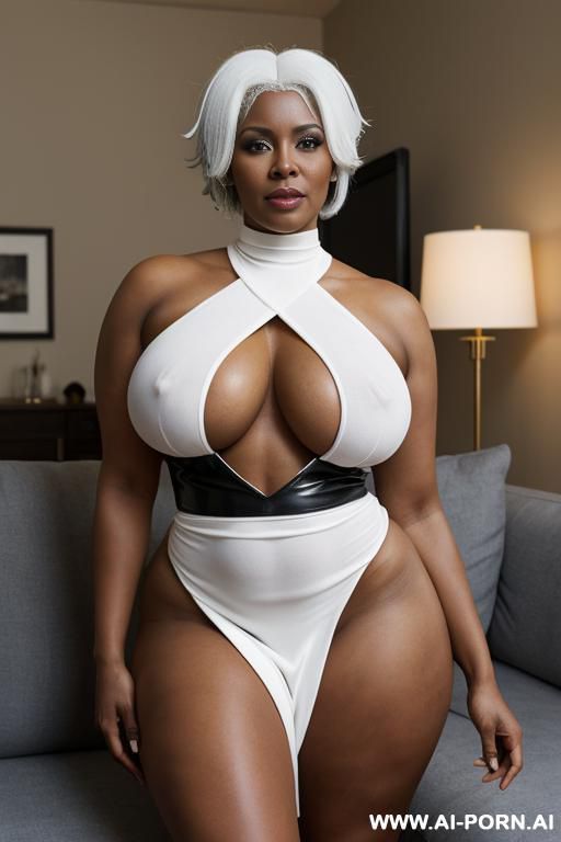 gorgeous ebony milf, no clothes, lying down on the sofa, (( white hair )), wearing storm xmen cosplay - #main