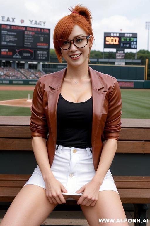 humongous breasts, baseball jersey, microskirt, smile, baseball field, sitting on bench, flash pussy, flash tits - #main