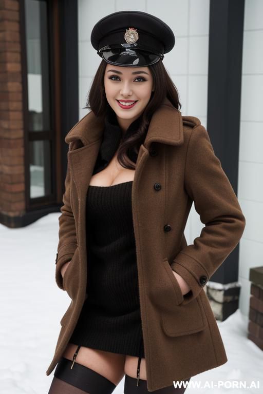 gorgeous, wearing stockings, coat, cap, stance up, untrimmed pubes smiling, expose sexy body. - #main
