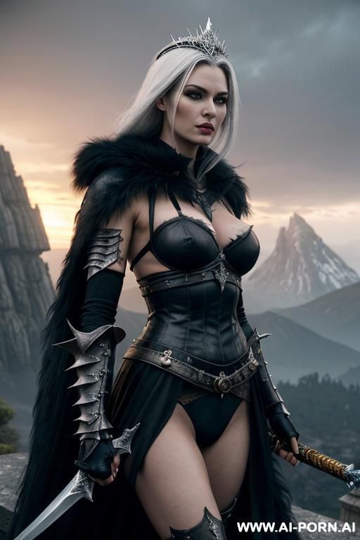 (front view), (eye contact), looking at viewer, dark fantasy swordswoman, dominant body pose, threaing looking woman, arrogant cruel face, ultra realistic, slender sinewy body, sharp breasts, (pallid - #main