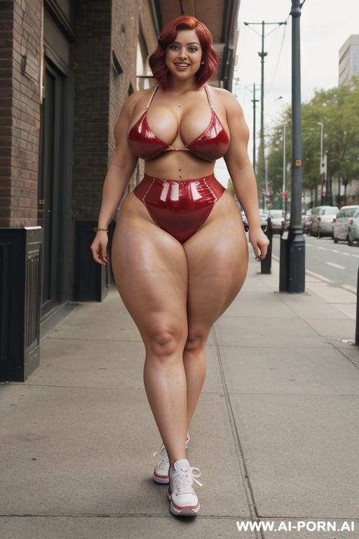 ((((a curvy plus size woman )))), standing she is looking over her shoulder at the camera, wearing a shiny glossy shorts that accentuate her (((full hips and buttocks))).(((((gigantic and muscular - #main