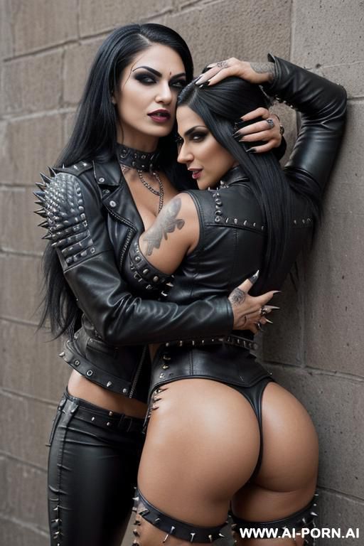 ((((persian goth milf hugging a muscular punk man)))) ((((((gigantic tits)))))) and (((long hair))), ((makeup)) , (((tight spiked black leather jacket))) (((tight spiked black leather hotpants))) - #main