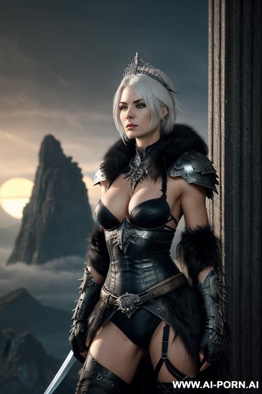 (front view), (eye contact), looking at viewer, dark fantasy swordswoman, dominant body pose, threaing looking woman, arrogant cruel face, ultra realistic, slender sinewy body, sharp breasts, (pallid - #main