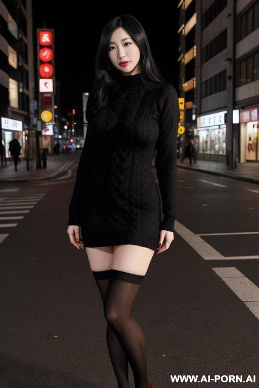 pretty, japanese, caucasian, 30, flowing black hair, very white skin, natural boobs, slight smile, makeup, eye shw, standing, spreading legs, black tights, dark red sweater dress, night time, street background. - #main