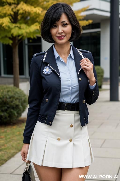 , white skin, large hips, uniform, shirt, short skirt, large thighs, bob cut hair, milf - #main