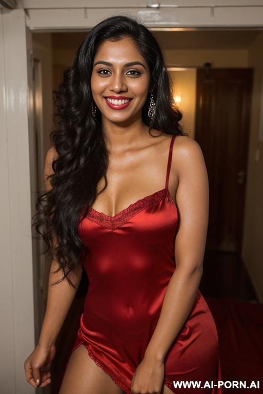 (((indian))), ((red satin nightgown)), (texas modern ranch house), (christmas), (big full lips), ((smiling at the camera)), photorealistic, tanned indian, (ultra detailed photo), (hyper realistic photo), - #main