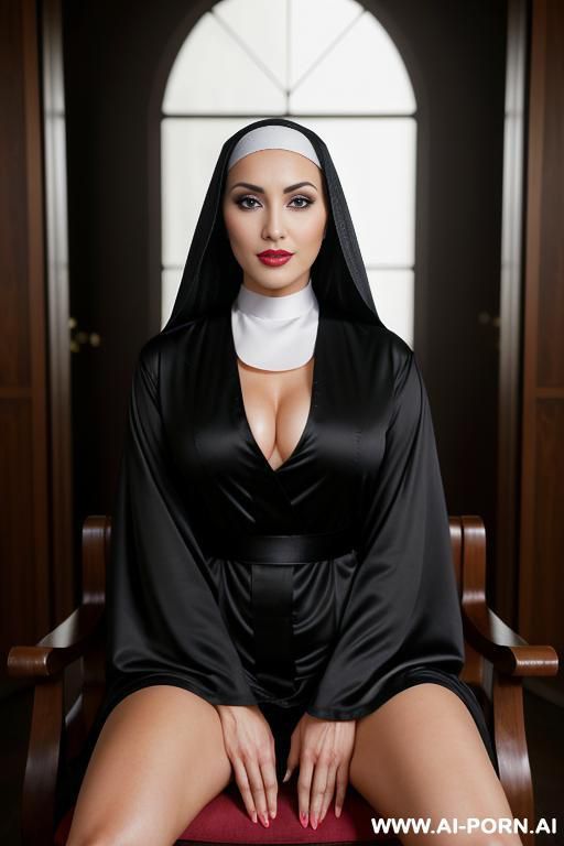 bombshell nun (keep face) beautiful sexy body ((perfect model face)) beautiful big eyes, alluring smile, makeup, big plump lips, dark lipstick, beautiful voluminous flowing hair (unbuttoned robe) show perfect big firm boobs, erect protruding niples - #main