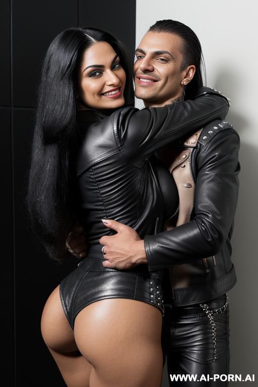 ((((persian milf hugging a muscular punk man)))) with huge tits and ((((long hair)))) (((makeup))) , (((tight black leather hotpants))) (((tight black leather jacket))) (((((((big ass))))))) (((woman straddling a man))) - #main