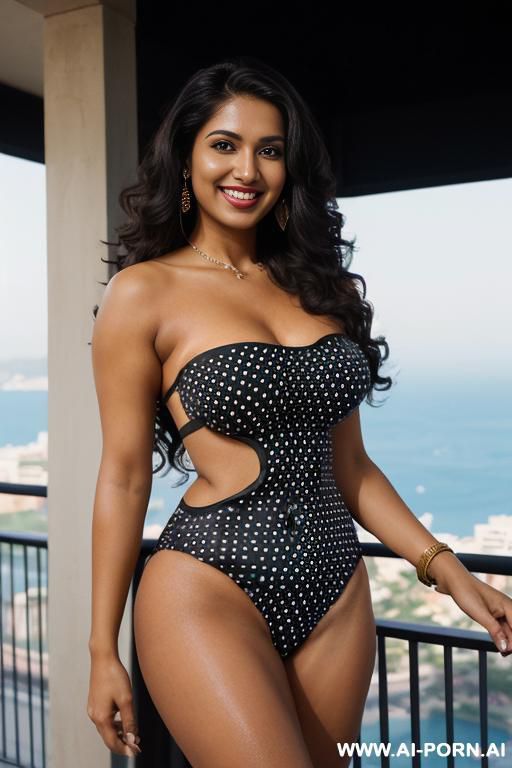 (((indian))), ((black polka dot strapless sleeveless spandex bodysuit swimsuit )), (monaco modern mansion), (christmas), (big full lips), ((smiling at the camera)), photorealistic, tanned indian, (ultra - #main