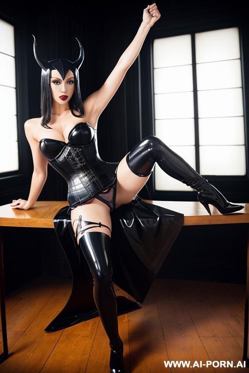 latex leggings open crotch, boots stiletto heels, latex corset, devil horns, on a table with a white cloth - #main