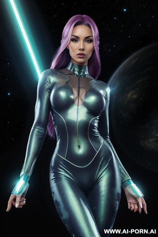 (front view), (looking at the viewer), (detailed face), (detailed body), (detailed arms), (detailed skin), extraterrestrial ufo woman, strong fit body, wear transparent camouflage bodysuit, holds a - #main
