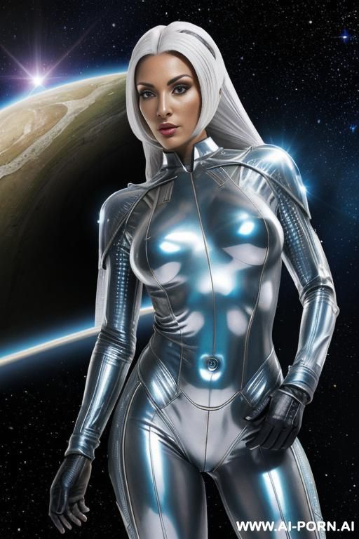 (front view), (looking at the viewer), (detailed face), (detailed body), (detailed arms), (detailed skin), extraterrestrial ufo woman, silver skin, strong fit body, wear transparent camouflage bodysuit, - #main