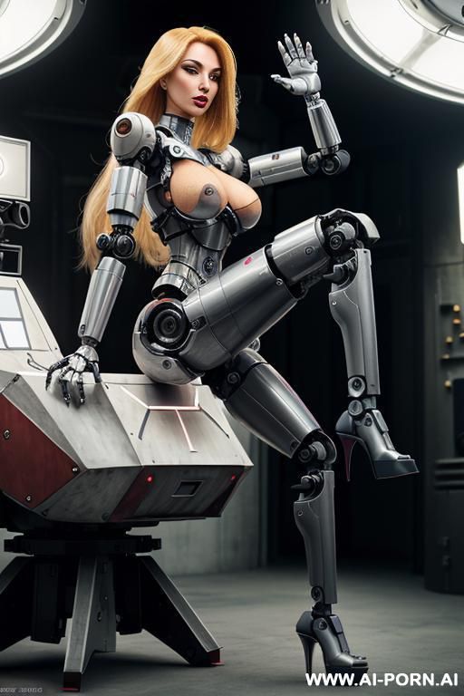 sexbot, front view, full body view, sitting in spaceship armchair, spreading legs wide, arms on armrests, looking at viewer, beautiful seductive human face with tanned silicone skin, long straight - #main