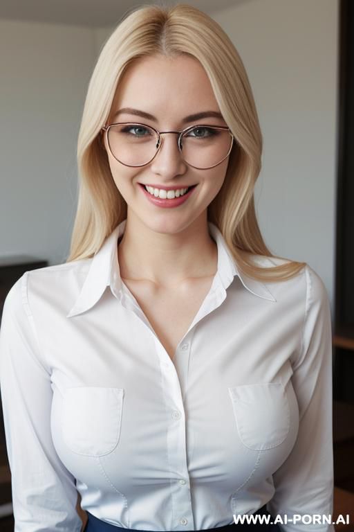 bleach blonde, clear frame glasses, white, skin, round face, nose, tight waist, curvy hips, blue collared shirt - #main