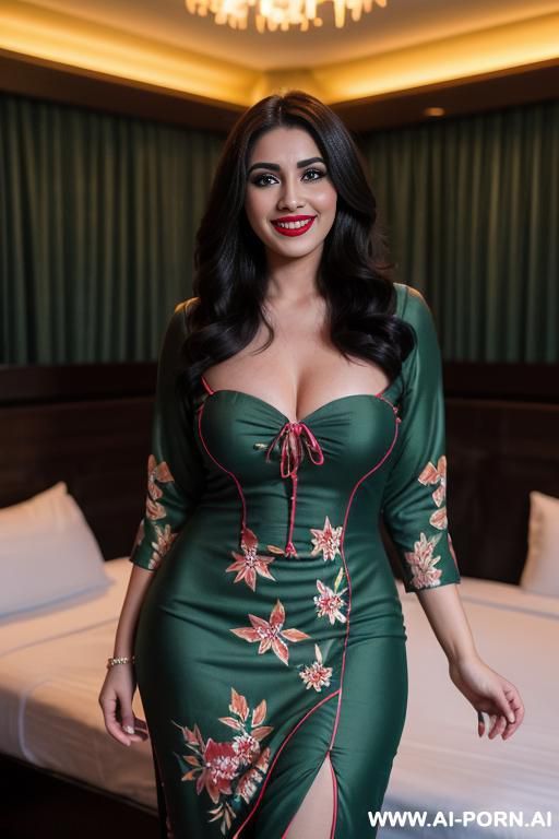 ((( pakistani ))), ((green floral patterned dress)), (christmas), (big full lips), ((smiling at the camera)), photorealistic, (ultra detailed photo), (hyper realistic photo), standing in a hotel, - #main