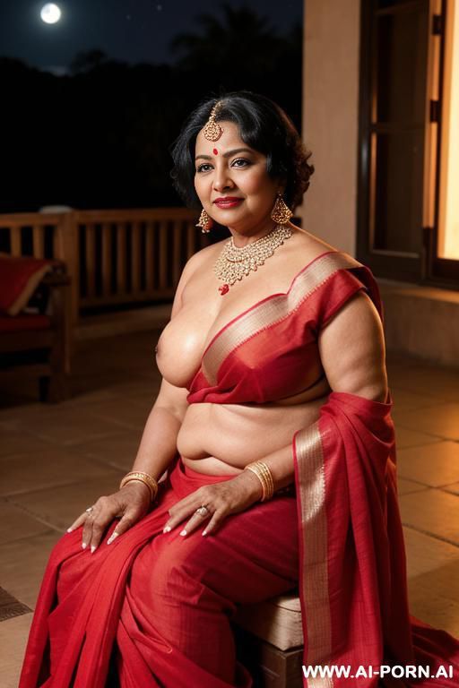 indian fifty years old blackhaired chubby queen in a red sari is watching on a full naked fifty years old blackhaired full naked female servant with shaved vagina under the stars - #main