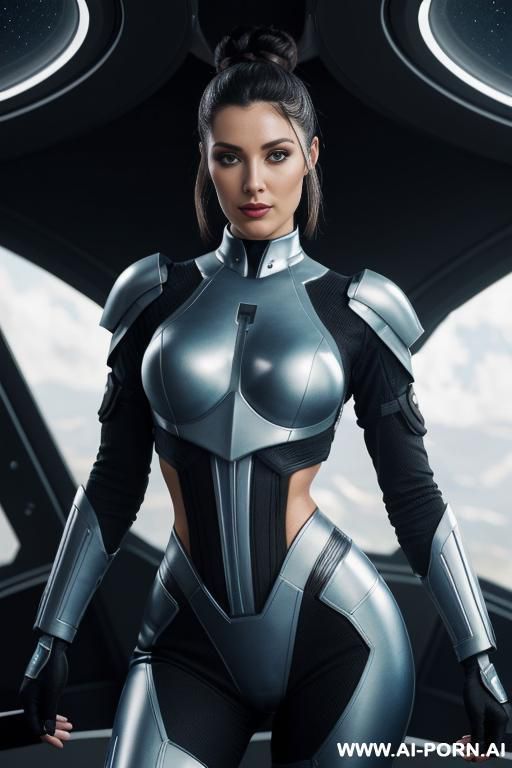 sci-fi soldier (front view) strong body (hourglass figure) wide hips, muscular thighs, thighs gap (looking at the viewer) (detailed model face) beautiful sexy face, alluring smile, detailed skin, - #main