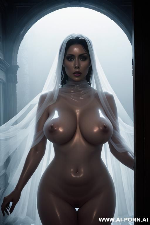 (sexy) (hot) (busty) (naked) ((ghost)) lady with a perfect body and shiny glossy skin and ((massive saggy breasts)) and wide hips surrounded by (dense cold fog) in a haunted house wearing a long transparent veil all down - #main