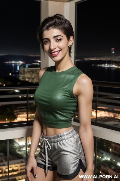 (urwa hocane), ((( pakistani ))), ((sleeveless crewneck shirt, soccer shorts)), (christmas), (modern monaco mansion), (big nose), ((smiling at the camera)), photorealistic, (ultra detailed photo), (hyper - #main