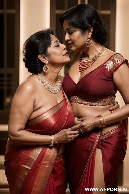 indian fifty years old blackhaired chubby queen in a red sari is gently kissing a fifty years old blackhaired full naked chubby female with shaved vagina, waist chain and necklace under the stars - #main
