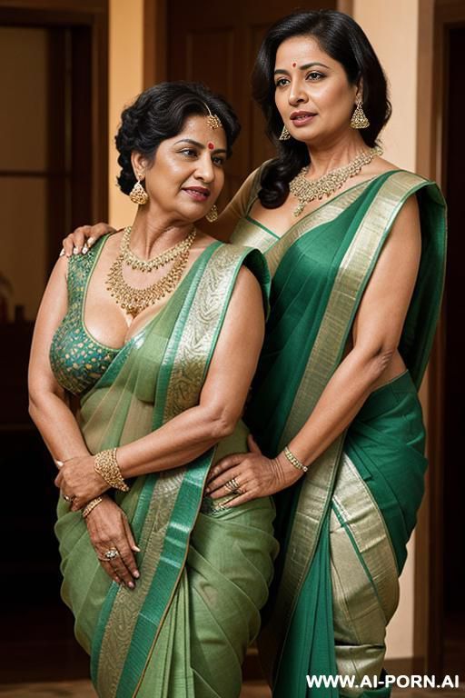 indian fifty years old blackhaired chubby queen in a green sari is gently stripping a fifty years old blackhaired female servant with shaved vagina, waist chain and necklace full naked under the stars - #main