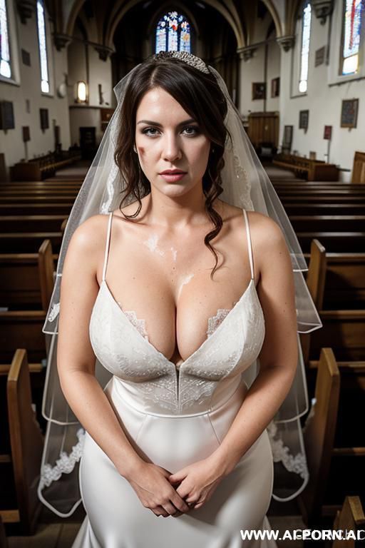 church, wedding dress, showing boobs, face stained with milk, surrounded by old suited people - #main