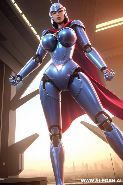 robotic superheroine, shapely fully robotic body, huge robotic tits, flying - #main
