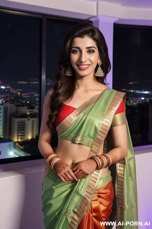 (urwa hocane), ((( punjabi ))), ((wedding sari)), (christmas), (modern monaco mansion), (big nose), ((smiling at the camera)), photorealistic, (ultra detailed photo), (hyper realistic photo), standing in - #main