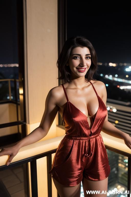(urwa hocane), ((( punjabi ))), ((romper)), (christmas), (modern monaco mansion), (big nose), ((smiling at the camera)), photorealistic, (ultra detailed photo), (hyper realistic photo), standing in a - #main