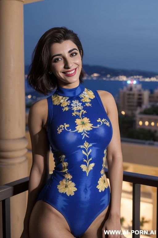 (urwa hocane), ((( punjabi ))), (( royal blue floral patterned crew neck sleeveless swimsuit bodysuit)), (christmas), (modern monaco mansion), (big nose), ((smiling at the camera)), photorealistic, - #main