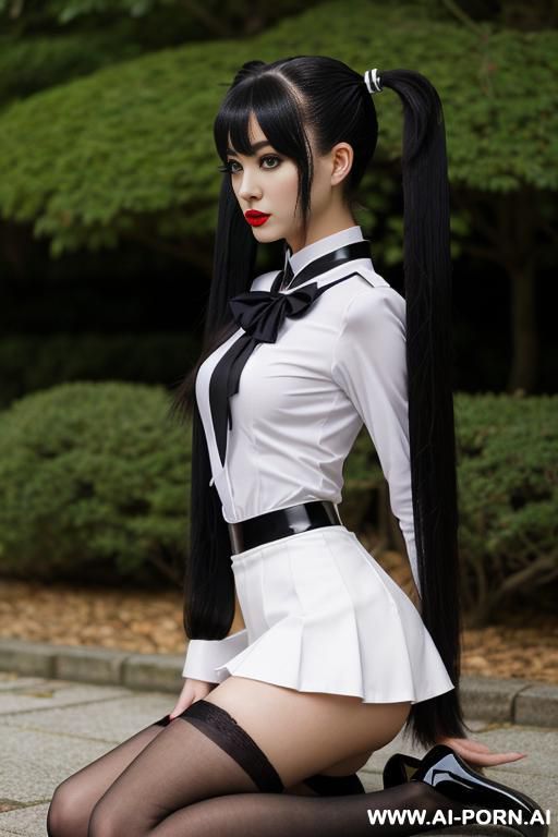 reduced chest, narrow chin, narrow back, bitty breast, choker, tinny, plane, tight forehead, nose, narrow lips, roundedy head, slanted eye, slender, shorty ,confident woman ,(( ( long black japanese - #main